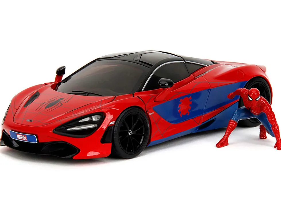 McLaren 720S Red and Blue with Black Top and Graphics and Spider-Man Diecast Figure "Marvel Spider-Man" "Hollywood Rides" Series 1/24 Diecast Model Car by Jada
