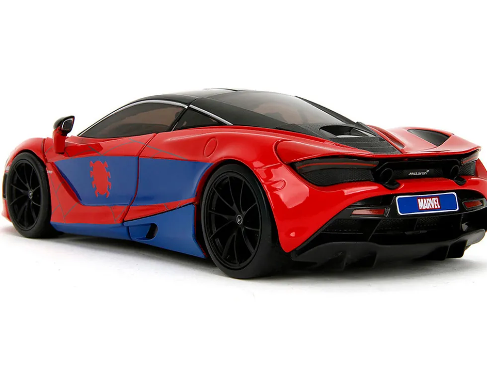 McLaren 720S Red and Blue with Black Top and Graphics and Spider-Man Diecast Figure "Marvel Spider-Man" "Hollywood Rides" Series 1/24 Diecast Model Car by Jada