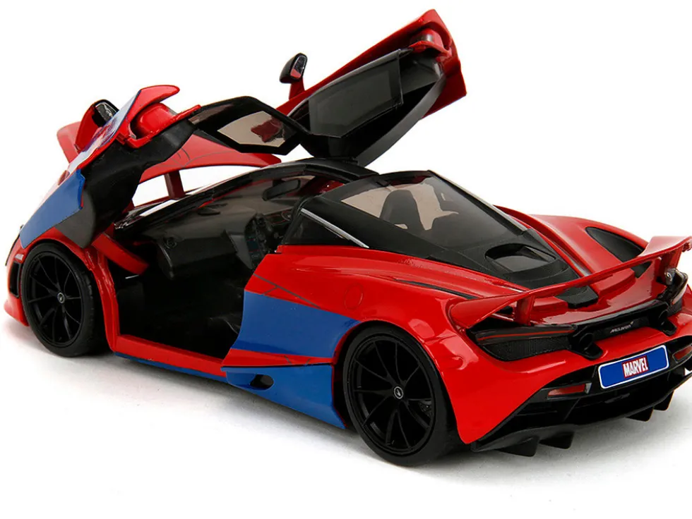 McLaren 720S Red and Blue with Black Top and Graphics and Spider-Man Diecast Figure "Marvel Spider-Man" "Hollywood Rides" Series 1/24 Diecast Model Car by Jada