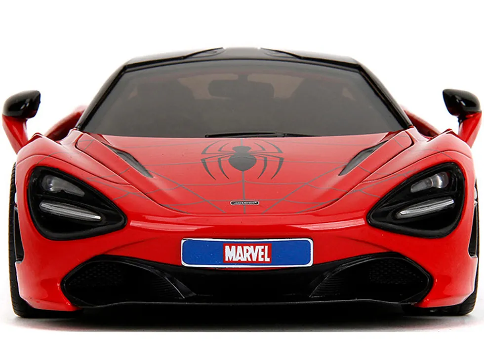 McLaren 720S Red and Blue with Black Top and Graphics and Spider-Man Diecast Figure "Marvel Spider-Man" "Hollywood Rides" Series 1/24 Diecast Model Car by Jada