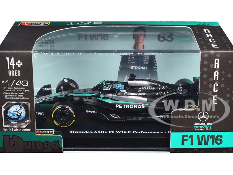 Mercedes-AMG F1 W16 E Performance #63 George Russell Formula One F1 "World Championship" (2025) with Display Case 1/43 Diecast Model Car by Bburago