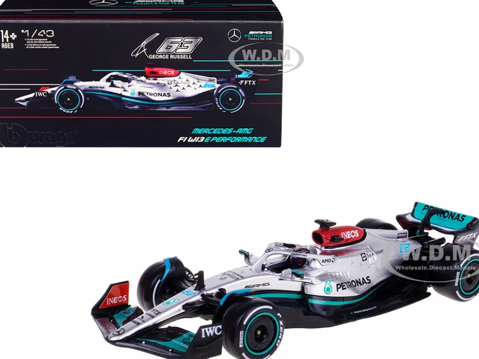 Mercedes AMG F1 W13 E Performance #63 George Russell F1 Formula One World Championship 2022 with Display Case 1/43 Diecast Model Car Bburago 38066GR