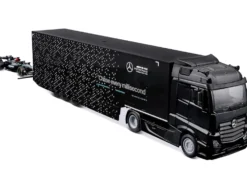 Mercedes-Benz Actros Gigaspace Car Transporter Black and Mercedes-AMG F1 W15 E Performance #63 George Russell "Petronas" Formula One F1 World Championship (2024) "Racing Hauler" Series 1/43 Diecast Model Car by Bburago