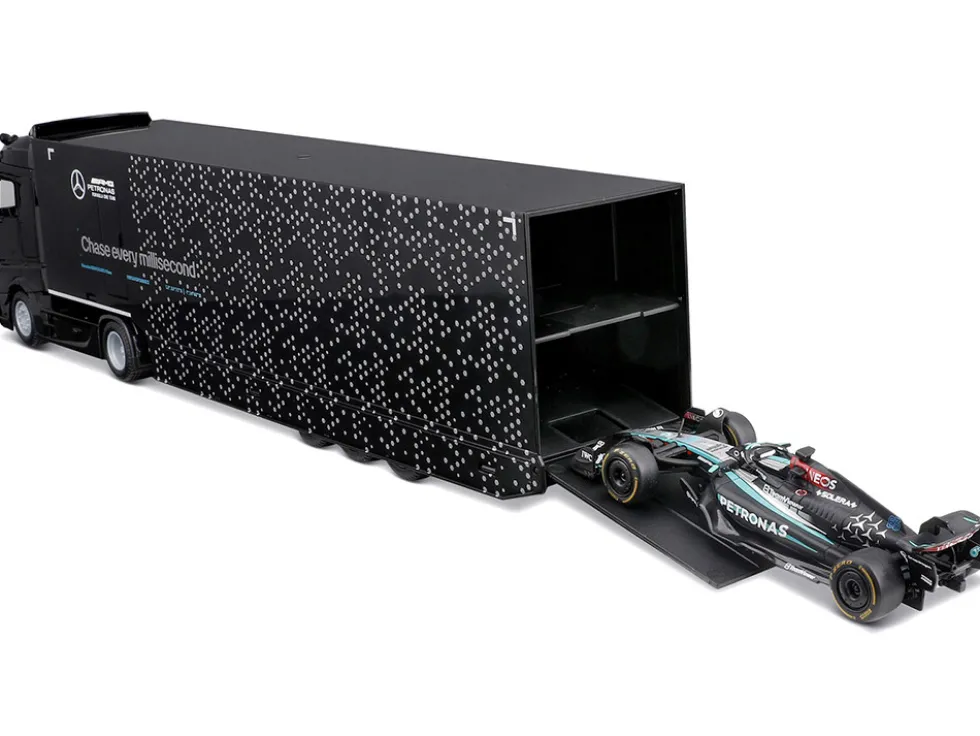 Mercedes-Benz Actros Gigaspace Car Transporter Black and Mercedes-AMG F1 W15 E Performance #63 George Russell "Petronas" Formula One F1 World Championship (2024) "Racing Hauler" Series 1/43 Diecast Model Car by Bburago