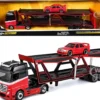 Mercedes-Benz Actros Open Car Hauler Red and Black with White Stripes and 1990 Mercedes-Benz 190E Red "Transporters" Series 1/64 Diecast Models by Maisto