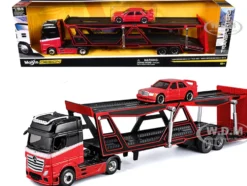 Mercedes-Benz Actros Open Car Hauler Red and Black with White Stripes and 1990 Mercedes-Benz 190E Red "Transporters" Series 1/64 Diecast Models by Maisto
