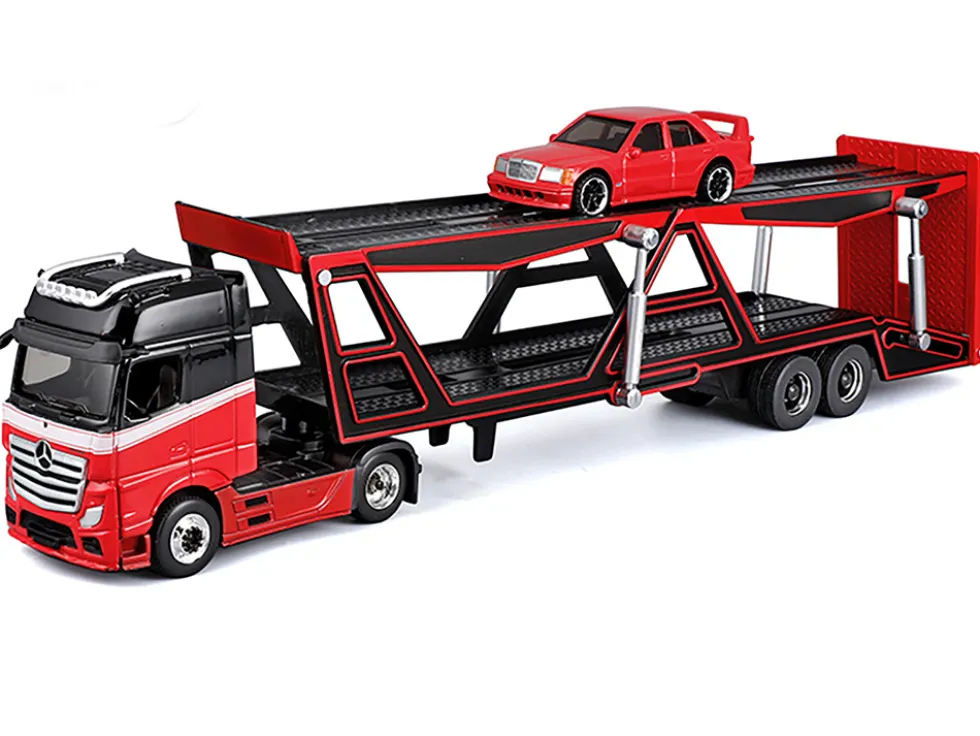 Mercedes-Benz Actros Open Car Hauler Red and Black with White Stripes and 1990 Mercedes-Benz 190E Red "Transporters" Series 1/64 Diecast Models by Maisto