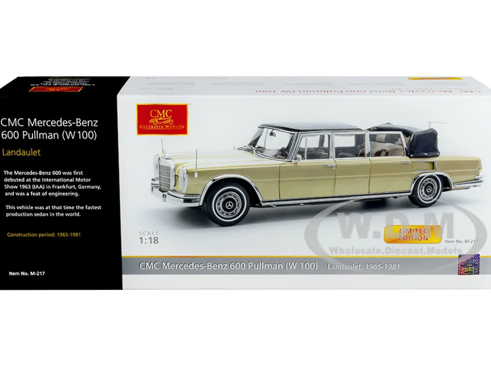 1965-1981 Mercedes Benz 600 Pullman W100 Landaulet Limousine Convertible Functional Softtop Gold Limited Edition 800 pieces Worldwide 1/18 Diecast Model Car CMC M-217