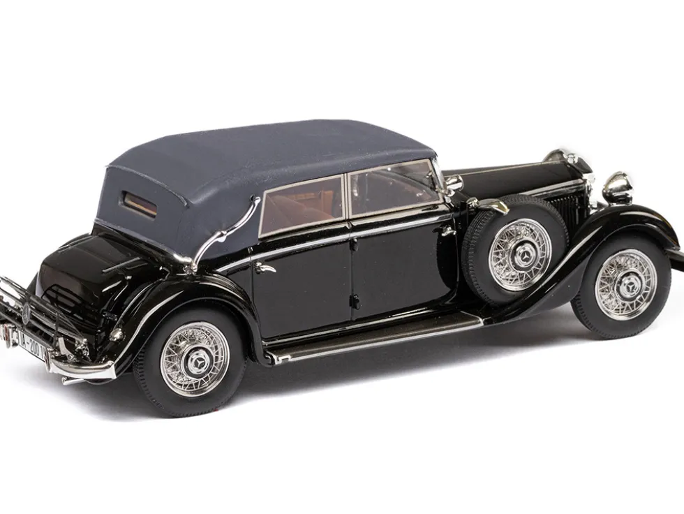 1933 37 Mercedes Benz 290 W18 Lang Cabriolet D Top Up Black with Gray Top Limited Edition to 250 pieces Worldwide 1/43 Model Car Esval Models EMEU43043D