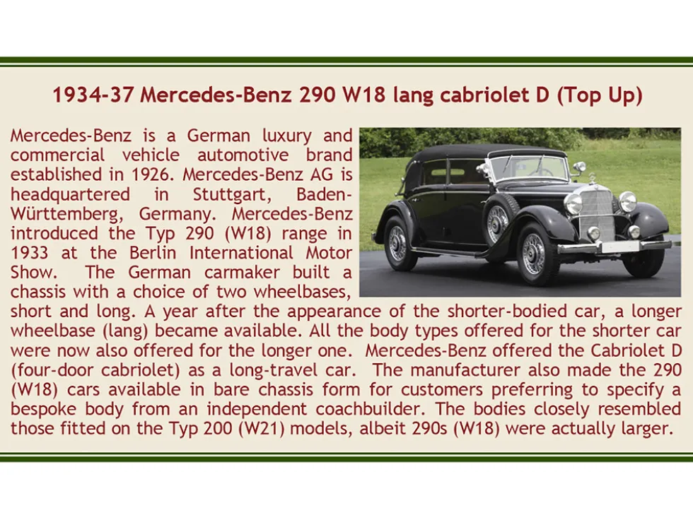 1933 37 Mercedes Benz 290 W18 Lang Cabriolet D Top Up Black with Gray Top Limited Edition to 250 pieces Worldwide 1/43 Model Car Esval Models EMEU43043D
