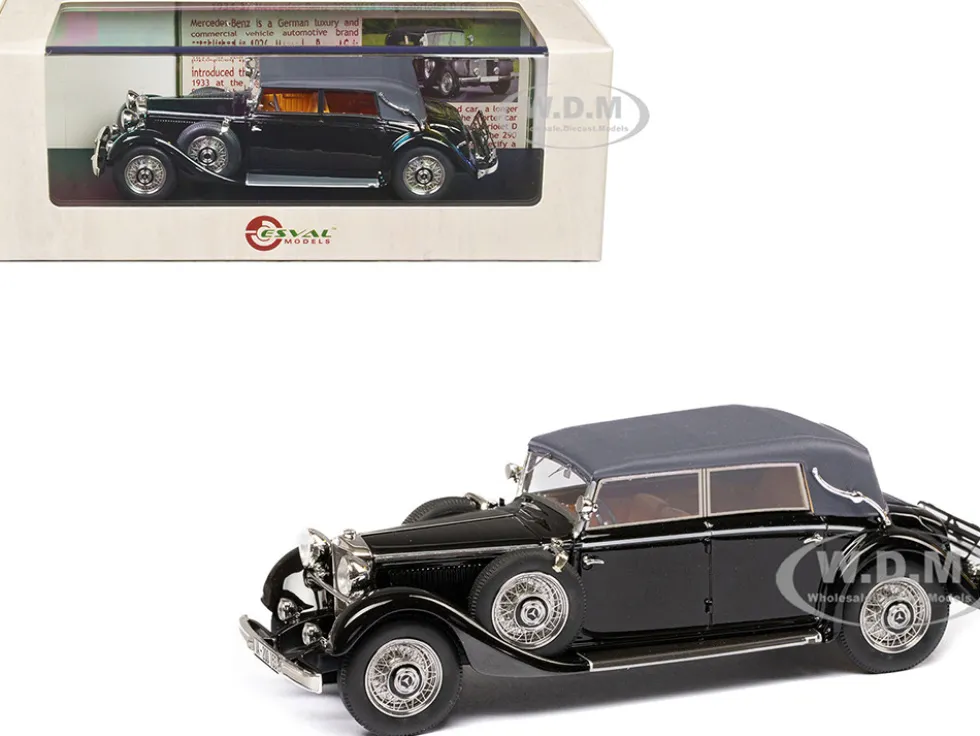 1933 37 Mercedes Benz 290 W18 Lang Cabriolet D Top Up Black with Gray Top Limited Edition to 250 pieces Worldwide 1/43 Model Car Esval Models EMEU43043D