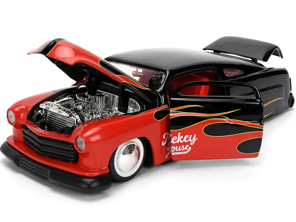 1951 Mercury Coupe Black with Flame Graphics and Red Interior and Mickey Mouse Diecast Figure "Disney's Mickey Mouse" "Hollywood Rides" Series 1/24 Diecast Model Car by Jada