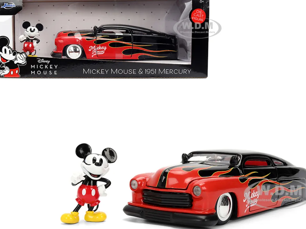 1951 Mercury Coupe Black with Flame Graphics and Red Interior and Mickey Mouse Diecast Figure "Disney's Mickey Mouse" "Hollywood Rides" Series 1/24 Diecast Model Car by Jada