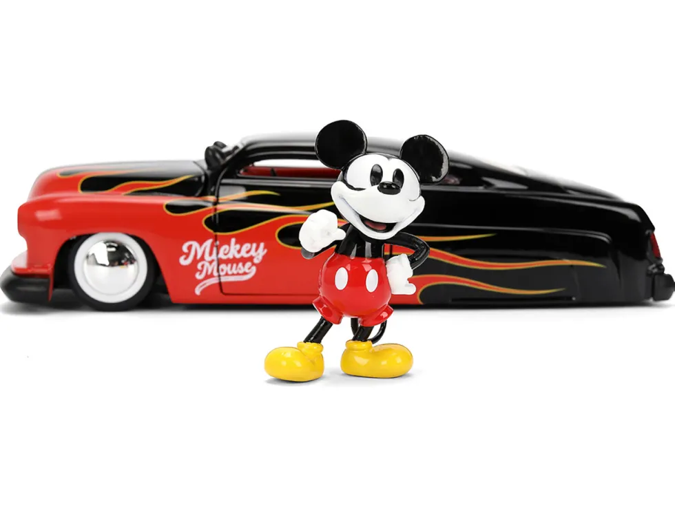 1951 Mercury Coupe Black with Flame Graphics and Red Interior and Mickey Mouse Diecast Figure "Disney's Mickey Mouse" "Hollywood Rides" Series 1/24 Diecast Model Car by Jada