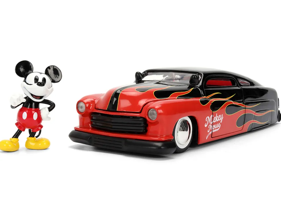 1951 Mercury Coupe Black with Flame Graphics and Red Interior and Mickey Mouse Diecast Figure "Disney's Mickey Mouse" "Hollywood Rides" Series 1/24 Diecast Model Car by Jada