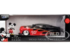 1951 Mercury Coupe Black with Flame Graphics and Red Interior and Mickey Mouse Diecast Figure