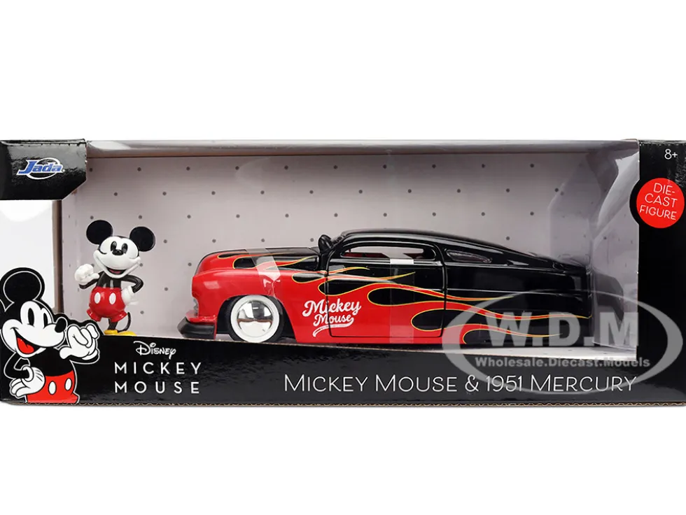 1951 Mercury Coupe Black with Flame Graphics and Red Interior and Mickey Mouse Diecast Figure "Disney's Mickey Mouse" "Hollywood Rides" Series 1/24 Diecast Model Car by Jada