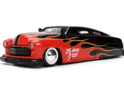 1951 Mercury Coupe Black with Flame Graphics and Red Interior and Mickey Mouse Diecast Figure
