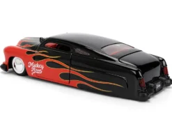 1951 Mercury Coupe Black with Flame Graphics and Red Interior and Mickey Mouse Diecast Figure