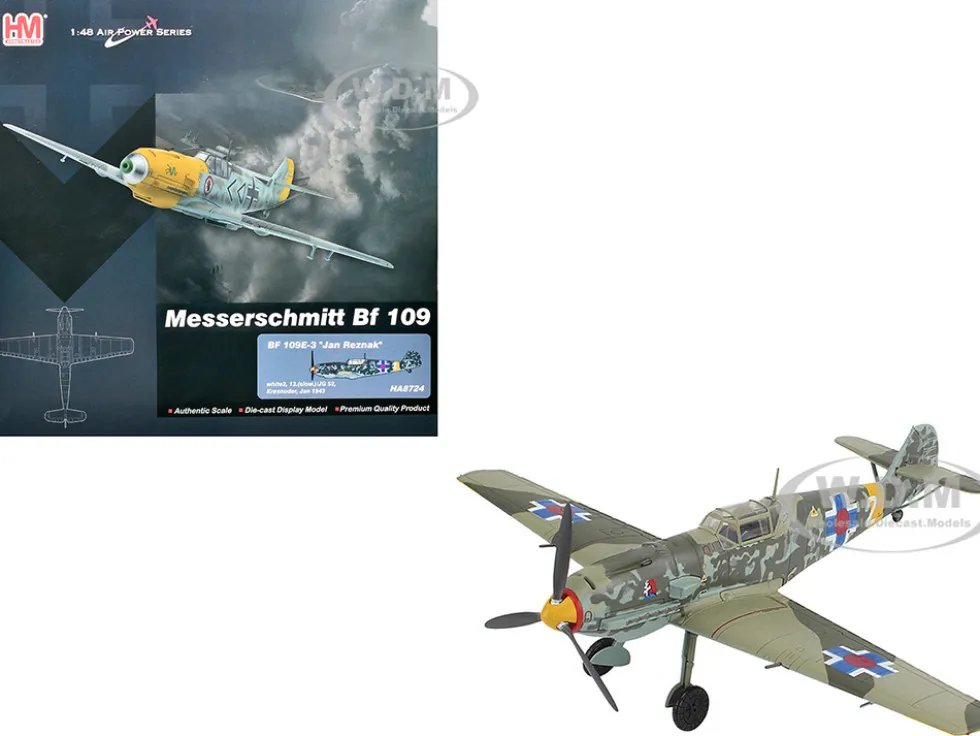 Messerschmitt Bf 109E-3 Fighter Aircraft "White 2, Jan Reznak, 13.(slow)/JG 52, Kraznodar, USSR" (1943) German Luftwaffe "Air Power Series" 1/48 Diecast Model by Hobby Master
