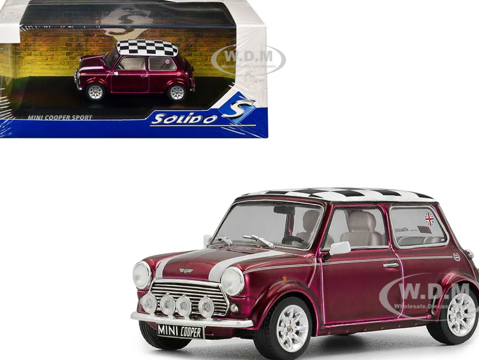 1997 Mini Cooper Sport Purple Metallic with White Stripes and Checkered Top 1/43 Diecast Model Car by Solido