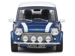 1994 Mini Cooper Sport Tahiti Blue Metallic with White Top and Stripes 1/43 Diecast Model Car by Solido