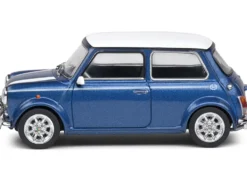 1994 Mini Cooper Sport Tahiti Blue Metallic with White Top and Stripes 1/43 Diecast Model Car by Solido