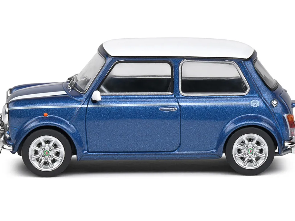 1994 Mini Cooper Sport Tahiti Blue Metallic with White Top and Stripes 1/43 Diecast Model Car by Solido