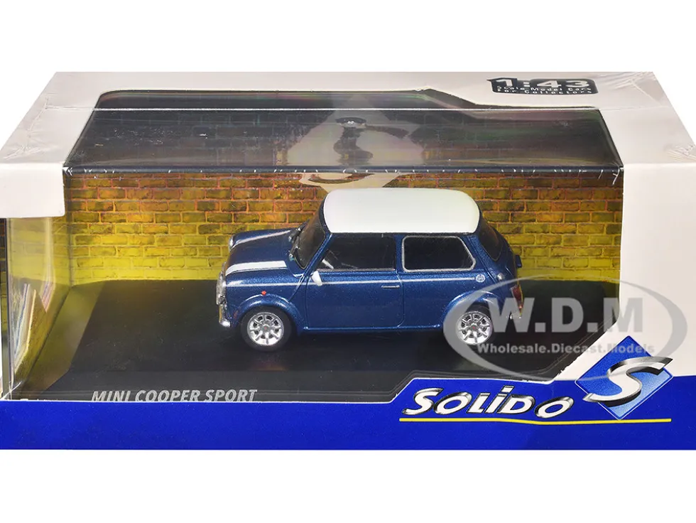 1994 Mini Cooper Sport Tahiti Blue Metallic with White Top and Stripes 1/43 Diecast Model Car by Solido