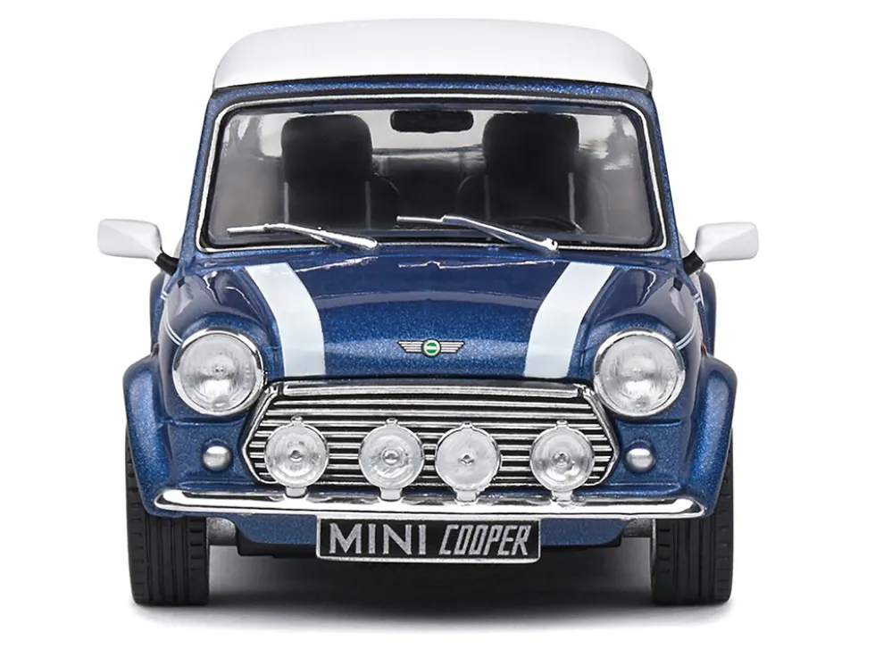 1994 Mini Cooper Sport Tahiti Blue Metallic with White Top and Stripes 1/43 Diecast Model Car by Solido