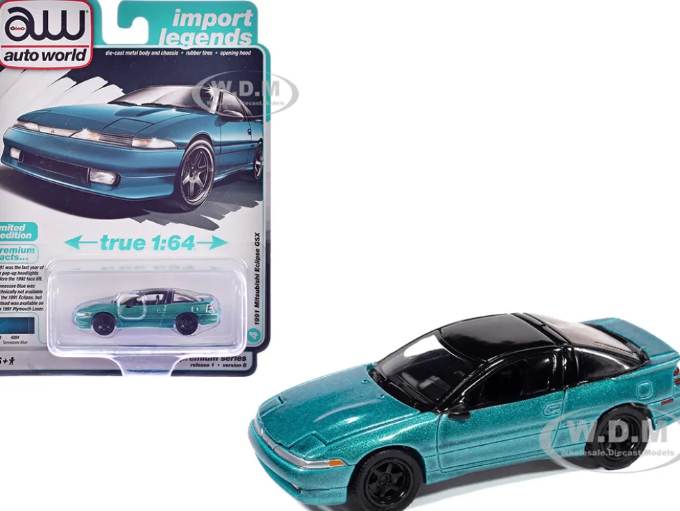 1991 Mitsubishi Eclipse GSX Tennessee Blue Metallic with Black Top "Import Legends" Series 1/64 Diecast Model Car by Auto World