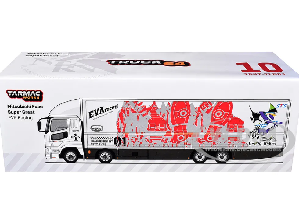 Mitsubishi Fuso Super Great Truck with Transporter "EVA Racing" White with Graphics "Truck64" Series 1/64 Diecast Model Car by Tarmac Works