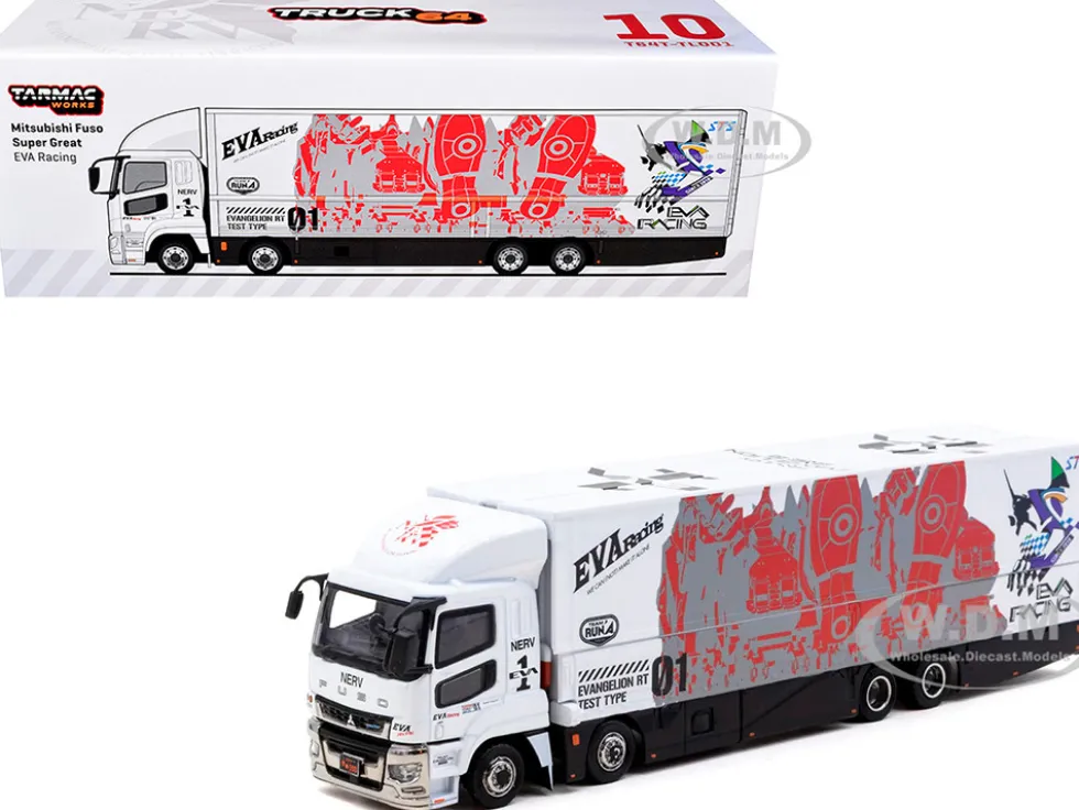 Mitsubishi Fuso Super Great Truck with Transporter "EVA Racing" White with Graphics "Truck64" Series 1/64 Diecast Model Car by Tarmac Works