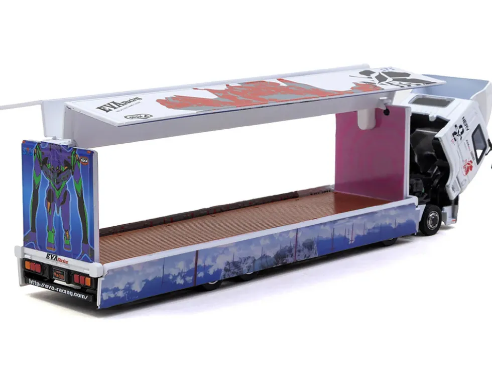 Mitsubishi Fuso Super Great Truck with Transporter "EVA Racing" White with Graphics "Truck64" Series 1/64 Diecast Model Car by Tarmac Works