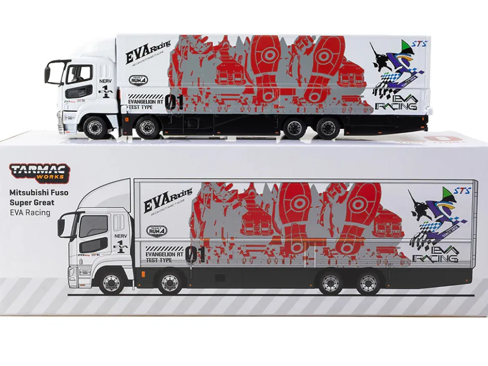 Mitsubishi Fuso Super Great Truck with Transporter "EVA Racing" White with Graphics "Truck64" Series 1/64 Diecast Model Car by Tarmac Works