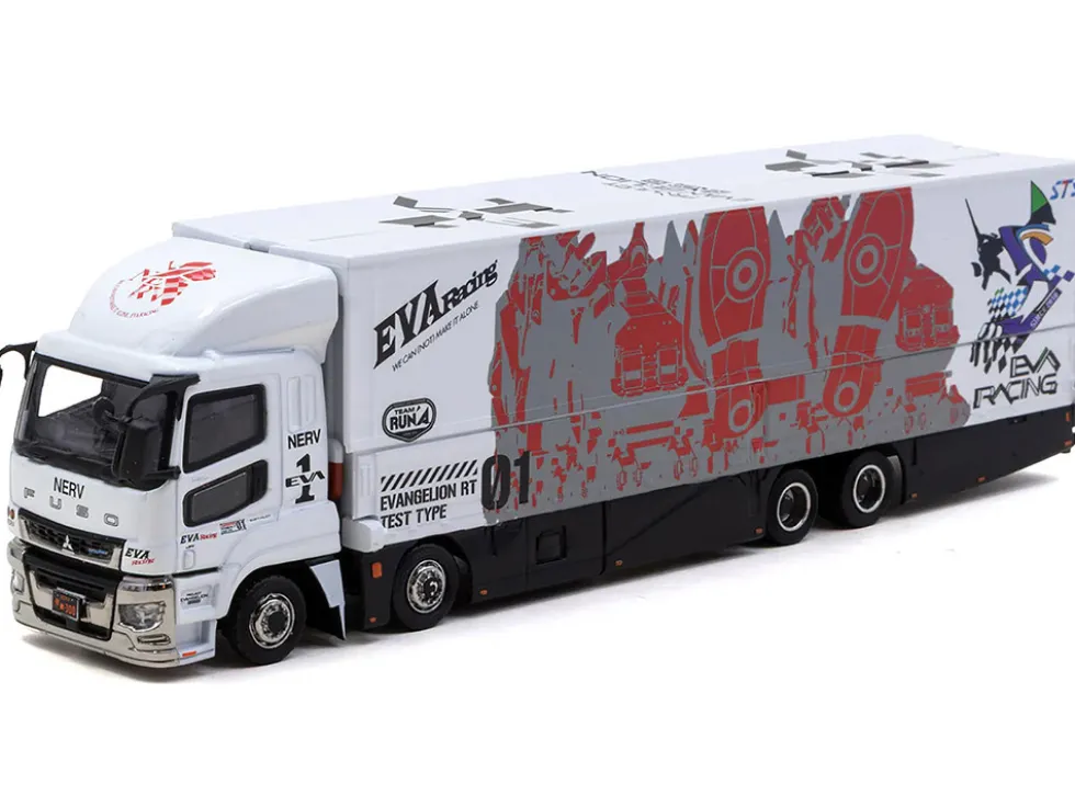 Mitsubishi Fuso Super Great Truck with Transporter "EVA Racing" White with Graphics "Truck64" Series 1/64 Diecast Model Car by Tarmac Works