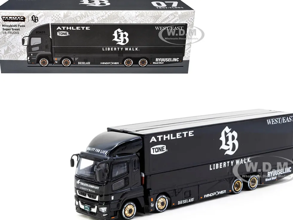 Mitsubishi Fuso Super Great Truck RHD (Right Hand Drive) with Transporter "Liberty Walk" Black "Truck64" Series 1/64 Diecast Model Car by Tarmac Works
