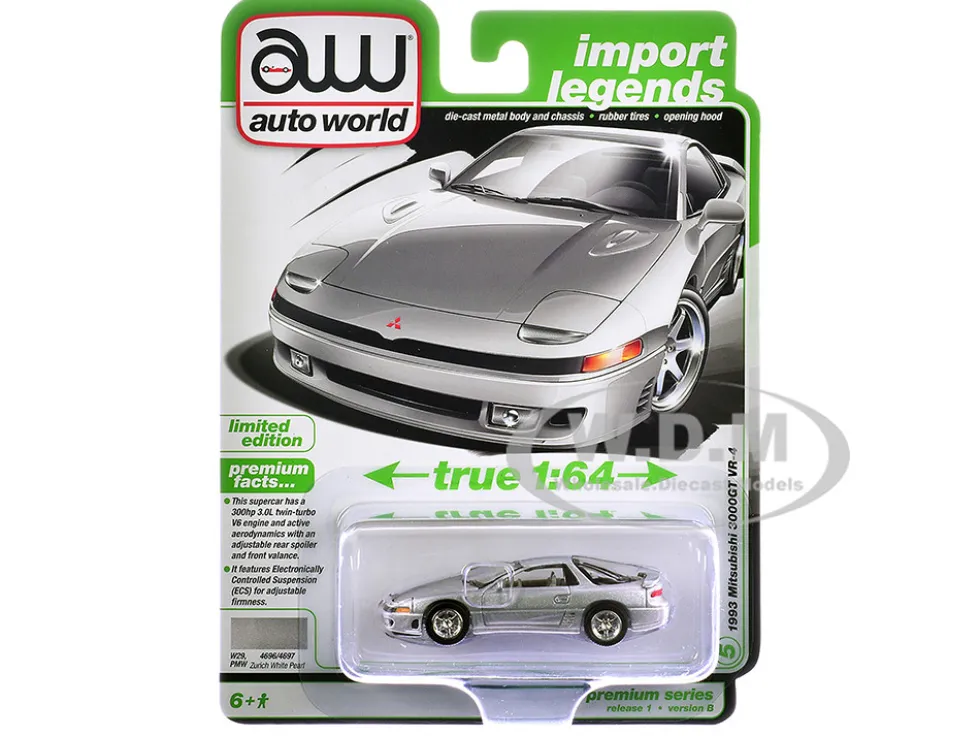 1993 Mitsubishi 3000GT VR-4 Zurich White Silver Metallic "Import Legends" Series 1/64 Diecast Model Car by Auto World