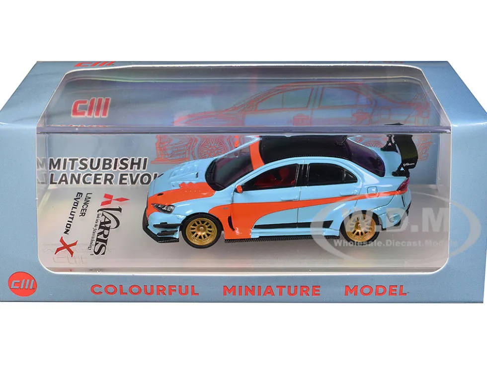 Mitsubishi Lancer Evolution X Varis RHD (Right Hand Drive) Light Blue with Black Top and Orange Stripes 1/64 Diecast Model Car by CM Model