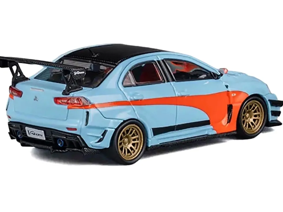 Mitsubishi Lancer Evolution X Varis RHD (Right Hand Drive) Light Blue with Black Top and Orange Stripes 1/64 Diecast Model Car by CM Model