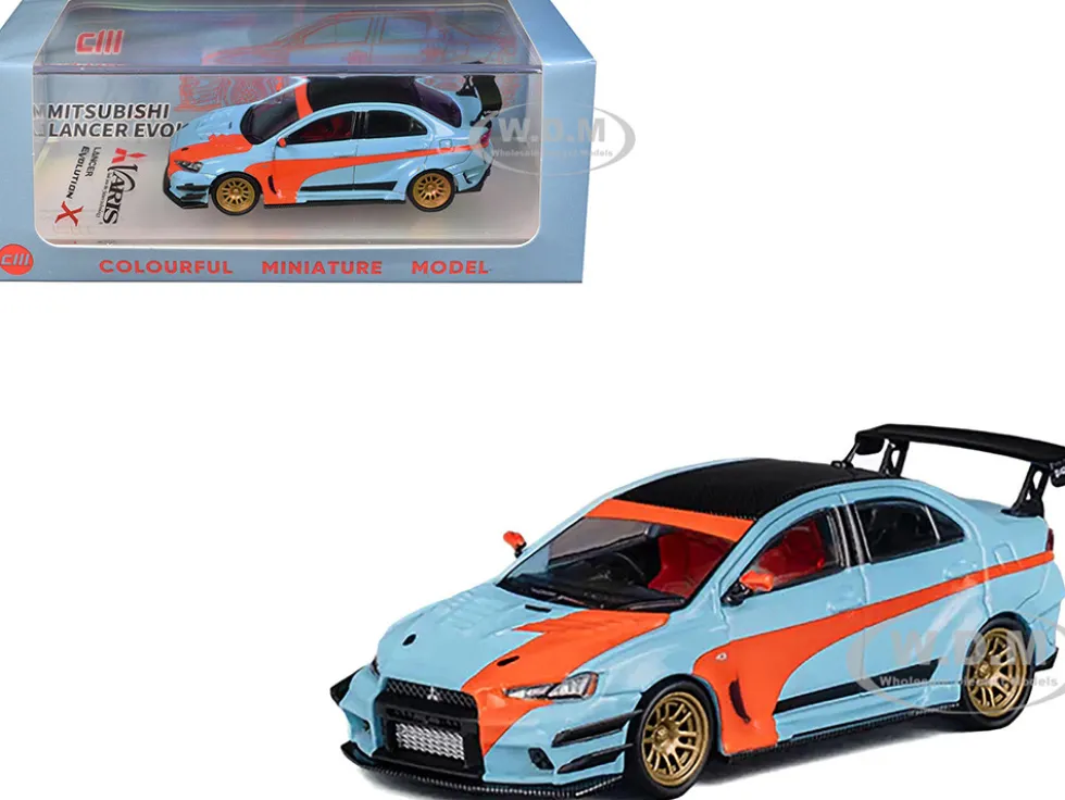 Mitsubishi Lancer Evolution X Varis RHD (Right Hand Drive) Light Blue with Black Top and Orange Stripes 1/64 Diecast Model Car by CM Model