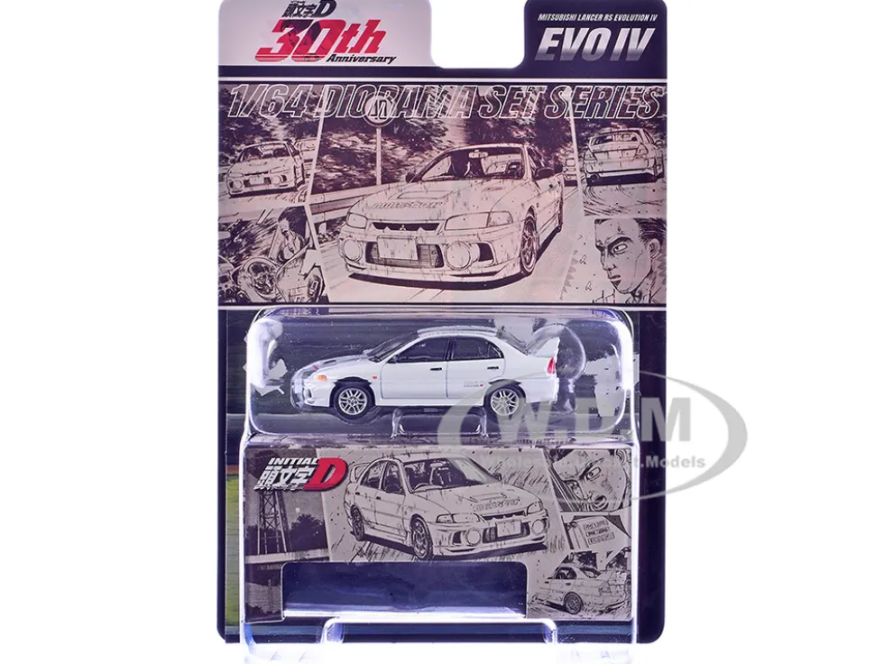 Mitsubishi Lancer RS Evolution IV RHD (Right Hand Drive) "MonStar" White "Initial D" (1995-2013) Manga "Diorama Set Series" 1/64 Diecast Model Car by Hobby Japan