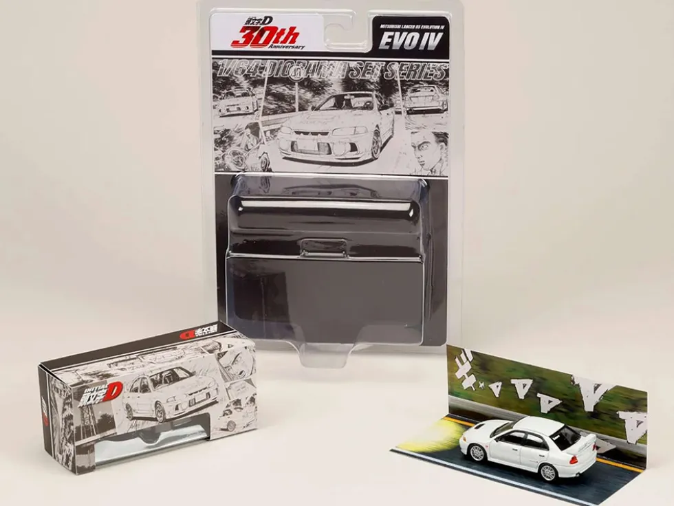 Mitsubishi Lancer RS Evolution IV RHD (Right Hand Drive) "MonStar" White "Initial D" (1995-2013) Manga "Diorama Set Series" 1/64 Diecast Model Car by Hobby Japan