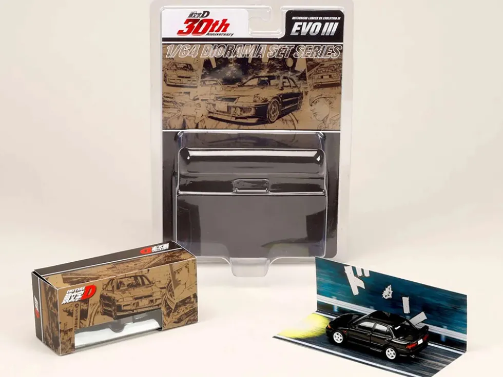 Mitsubishi Lancer RS Evolution III RHD (Right Hand Drive) Black "Initial D" (1995-2013) Manga "Diorama Set Series" 1/64 Diecast Model Car by Hobby Japan
