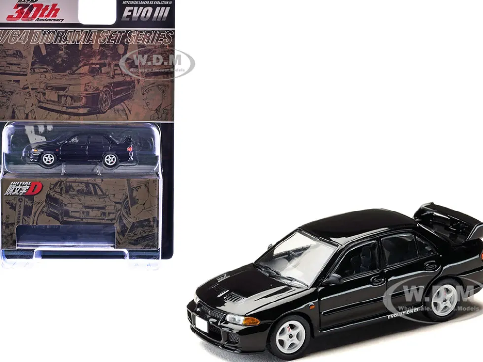 Mitsubishi Lancer RS Evolution III RHD (Right Hand Drive) Black "Initial D" (1995-2013) Manga "Diorama Set Series" 1/64 Diecast Model Car by Hobby Japan