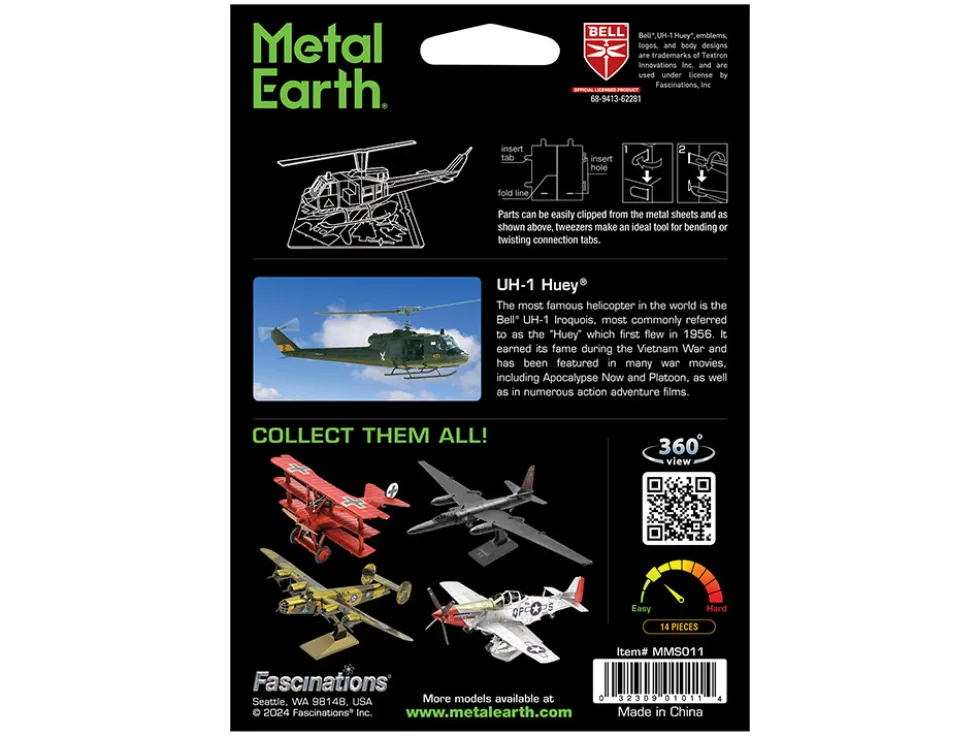 Model Kit Bell UH-1 Iroquois "Huey" Helicopter "United States Army" (Easy Difficulty) Steel Model by Metal Earth