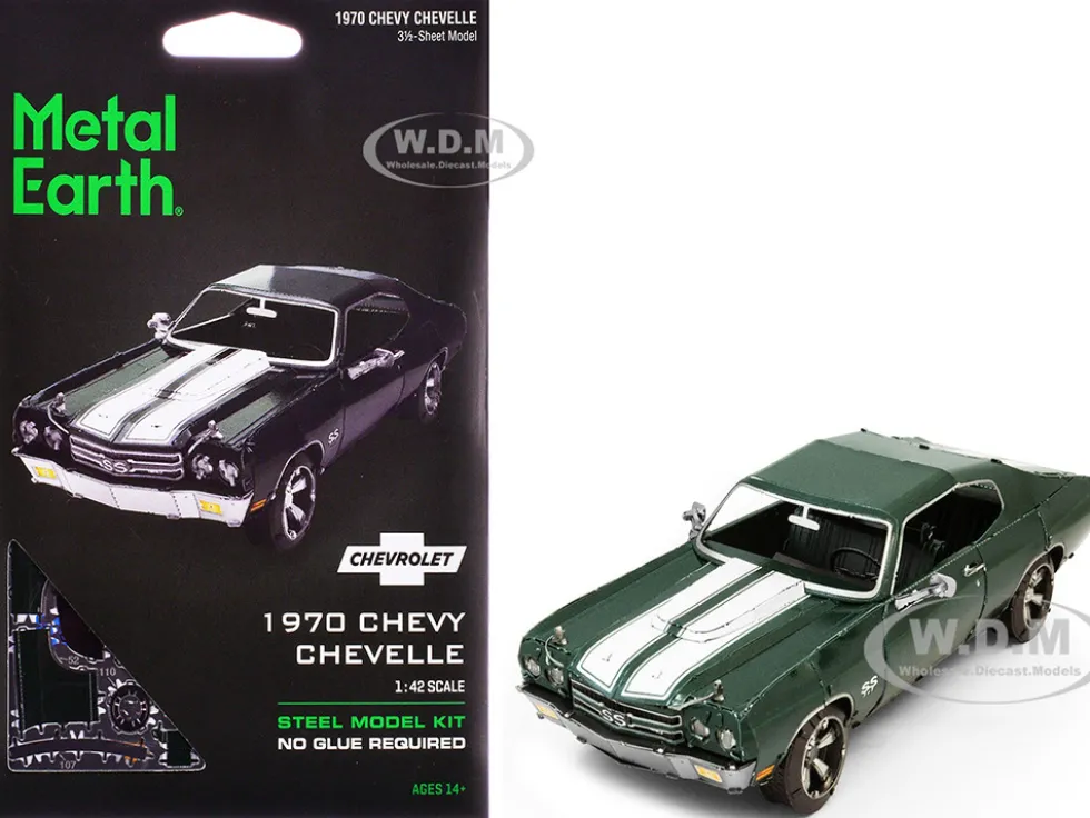 Model Kit 1970 Chevrolet Chevelle SS Green with White Stripes (Challenging Difficulty) Steel Model by Metal Earth