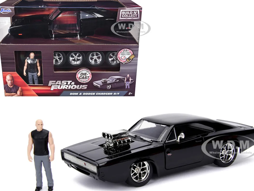 Model Kit Dodge Charger R/T Black and Dom Diecast Figure "Fast & Furious" Movie "Build N' Collect" Series 1/24 Diecast Model Car by Jada