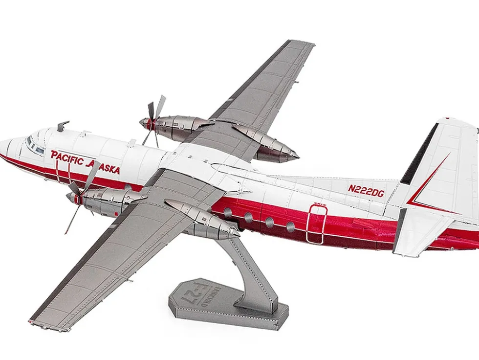 Model Kit Fairchild F-27 Commercial Aircraft "Pacific Alaska" White with Red Stripes (Moderate Difficulty) Steel Model by Metal Earth