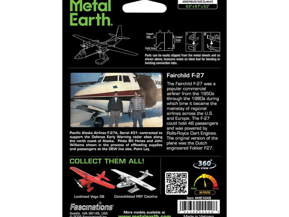 Model Kit Fairchild F-27 Commercial Aircraft "Pacific Alaska" White with Red Stripes (Moderate Difficulty) Steel Model by Metal Earth